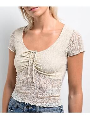 Free World Women's Beige Lace Short Sleeve Top XS